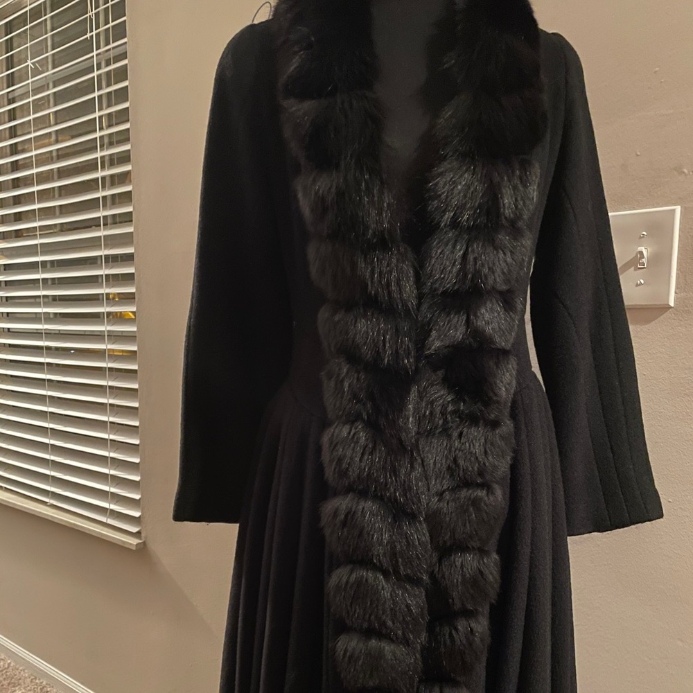 Black Wool Cashmere Coat Trimmed in Fox!